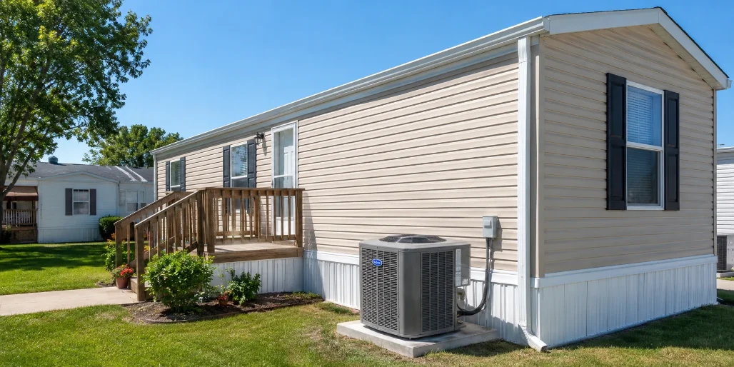 Mobile home exterior with an installed air conditioning unit