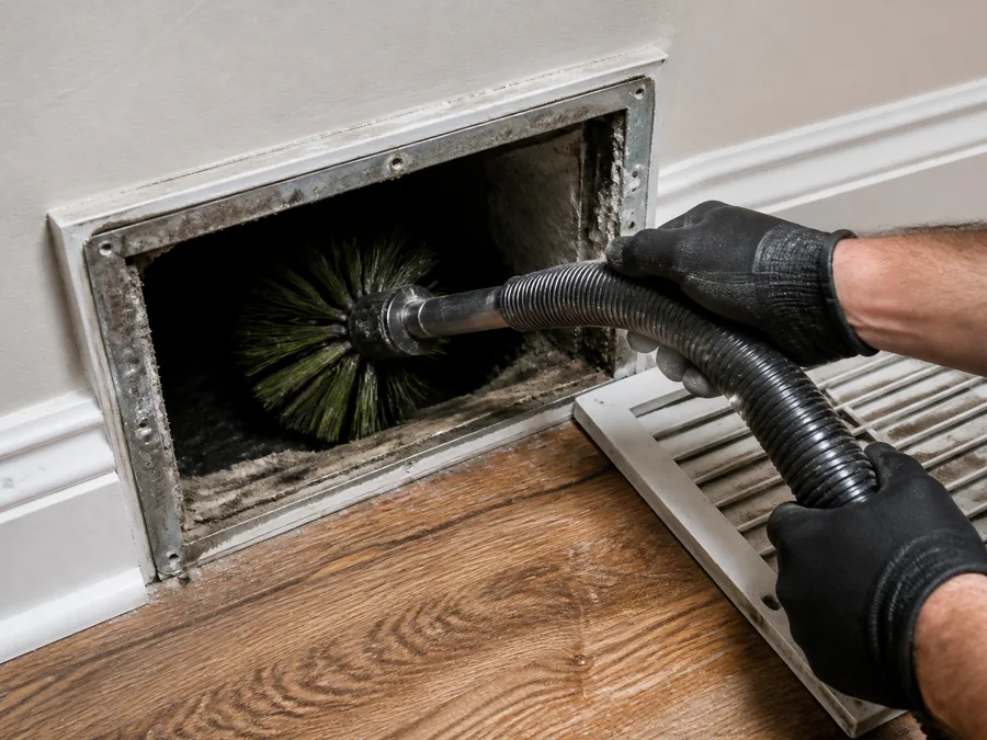 Air duct cleaning brush and vacuum hose cleaning a dusty residential duct