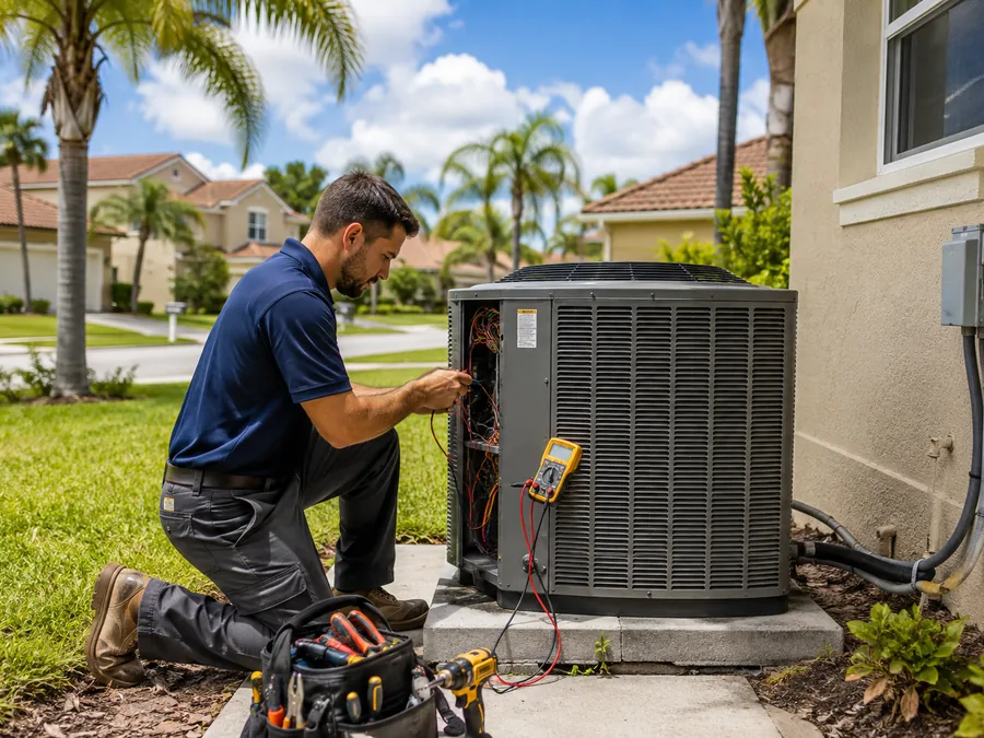 HVAC technician installing an outdoor AC unit